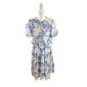Aureum Blue Hydrangea Floral 100% Cotton Top & Skirt set Size Small